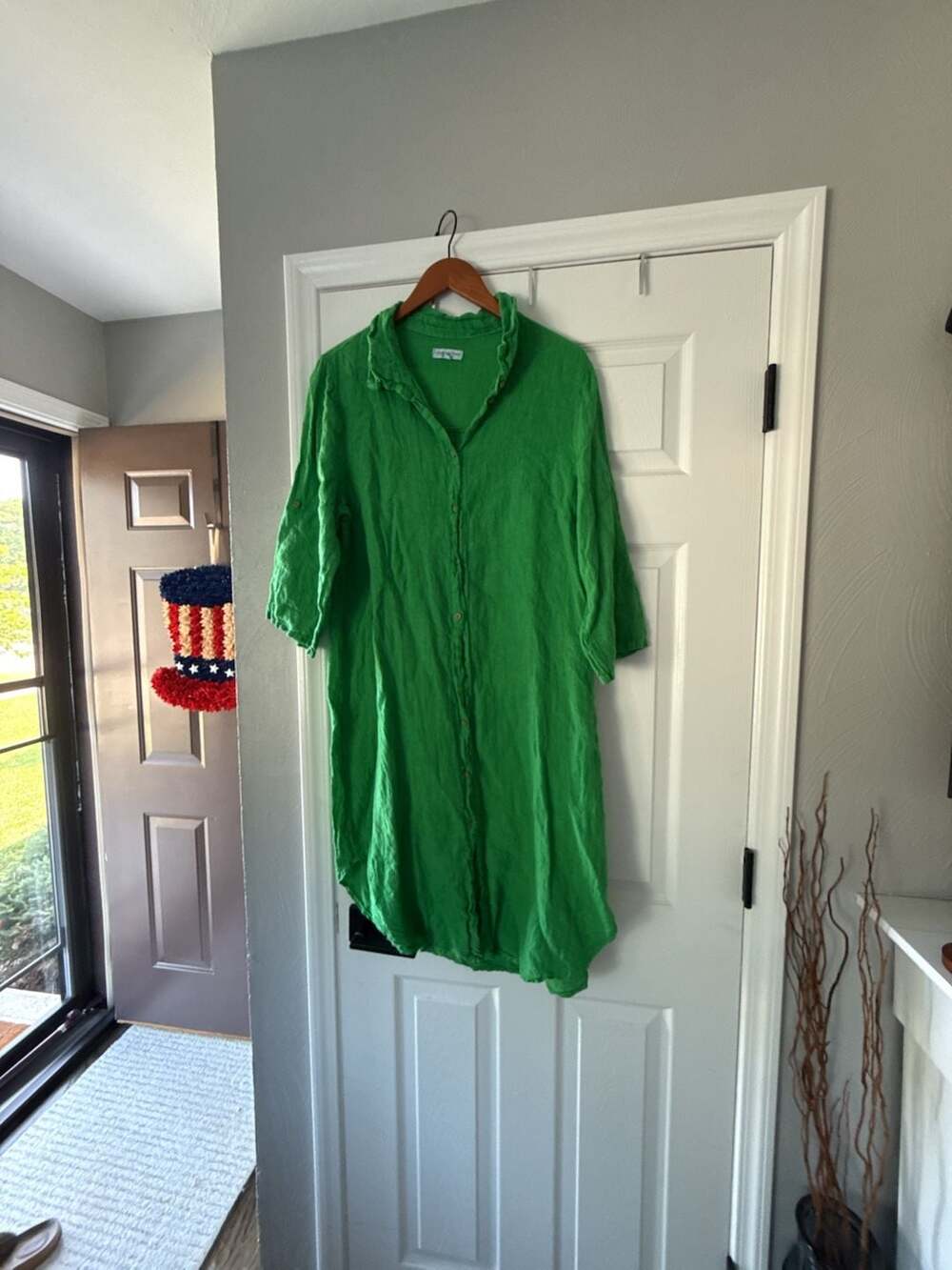 Splendid Iris Made In Italy 100% Linen Green Button-Up Shirt Dress